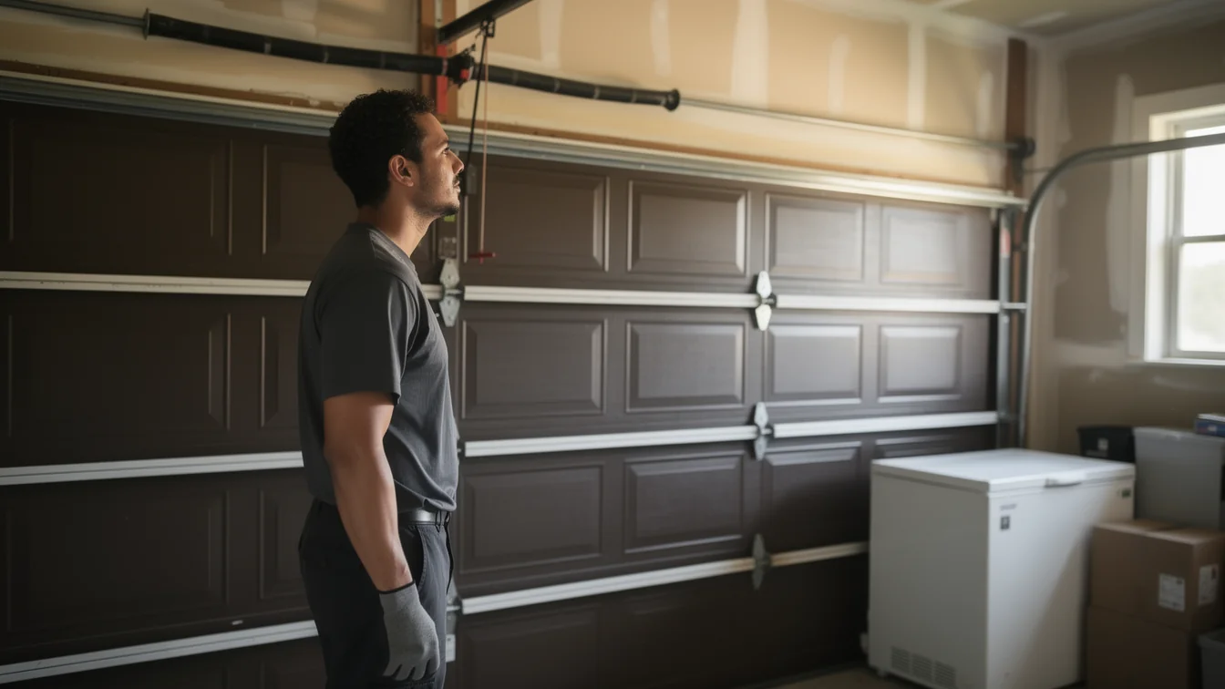 A technician in a gray shirt and gloves looks up at a brown garage door.