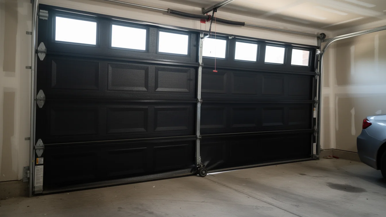 A black garage door with windows is partially open in a garage.