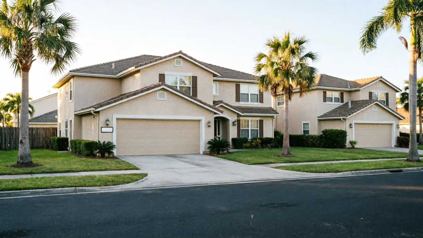 A two-story house with a beige garage door and palm trees in the front yard.